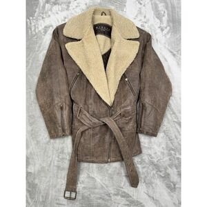 Vintage Winlit Brown Leather Jacket Womens Small Sherpa Packer Belted Moto Biker